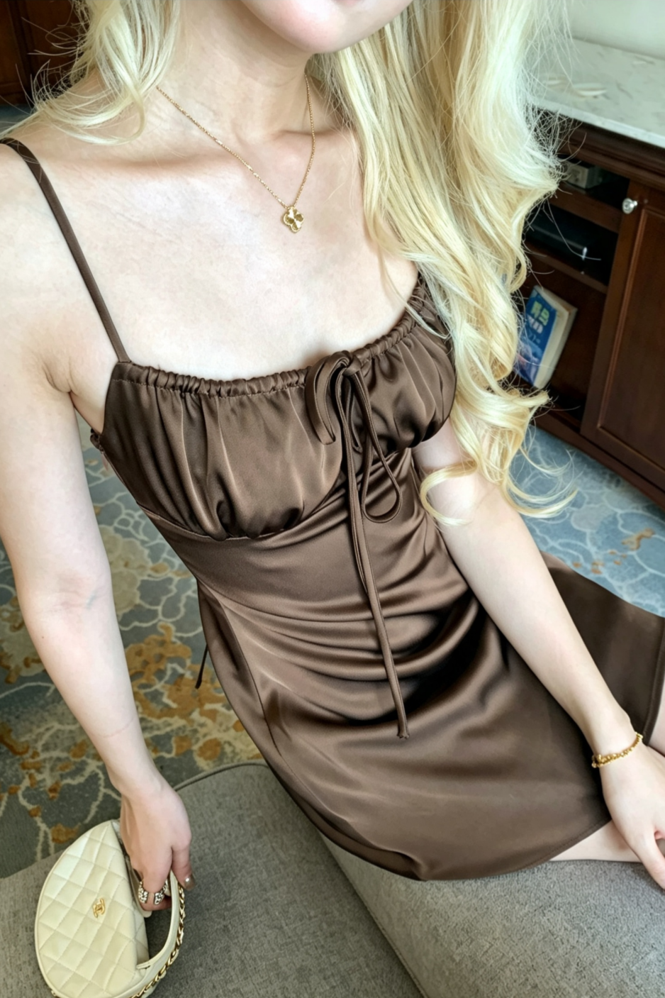 Brown Satin Slip Mini Dress Drawstring Bust Party Homecoming Dress F062