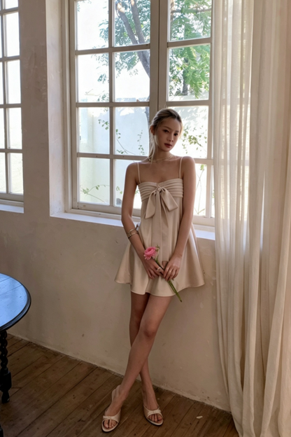 Satin Bow Cami Mini Dress, Adjustable Strap Flared Party Vacation Dress F061