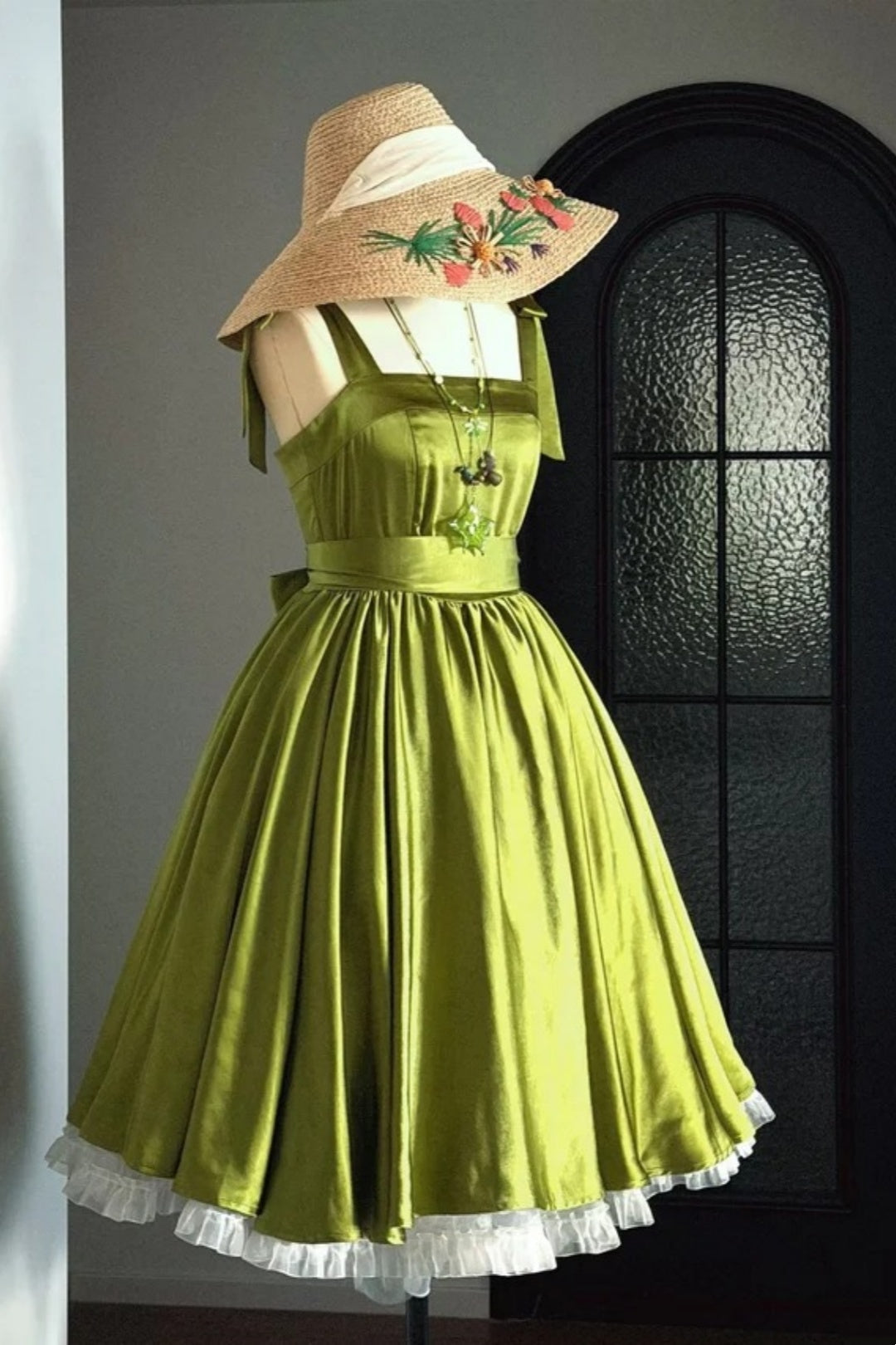 Olive Green Satin Retro Midi Dress, Bow Strap Vintage Homecoming Dress  F0052
