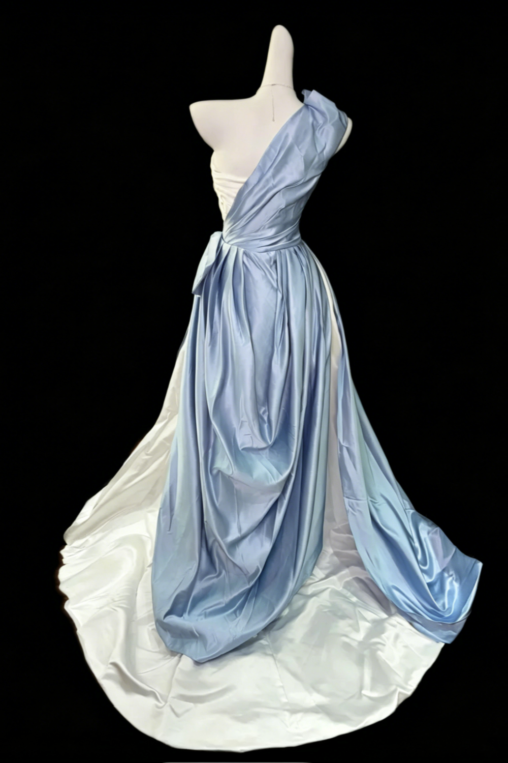 Blue and White Color Block One Shoulder Satin Train Gown Asymmetrical Design Luxury Evening Dress Floral033