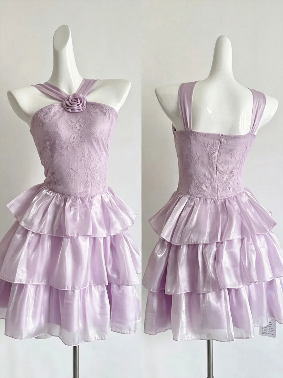 Lavender Halter Lace Tiered Mini Party Dress 3D Flower Cocktail Gown F0208
