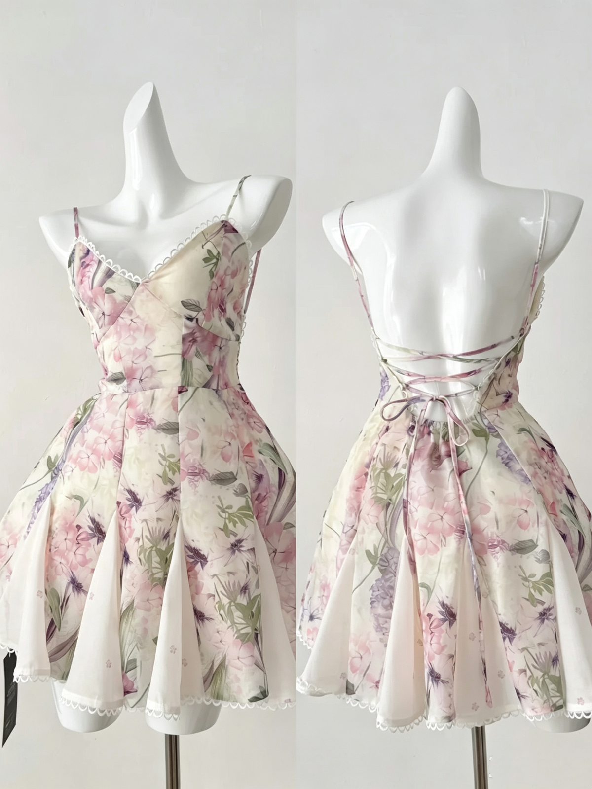 Floral Print Spaghetti Strap Mini Dress Lace Trim Back Lace-Up Cocktail Gown F0207