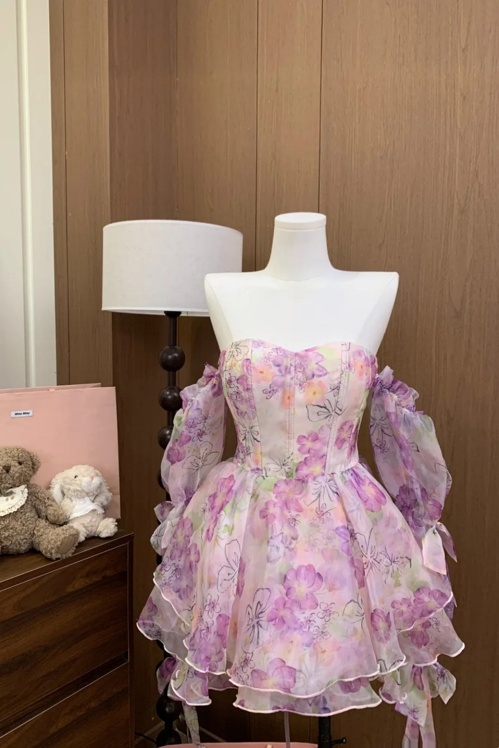 Birthday Dress Floral Homecoming Dress, Corset Back Tiered Ruffle Formal Gown FD025