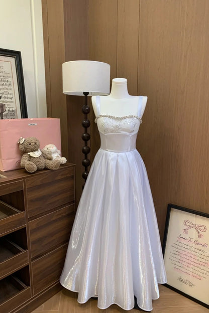 Silver White Sequin Spaghetti Strap Beaded Prom Dress, A-Line Formal Evening Gown FD026