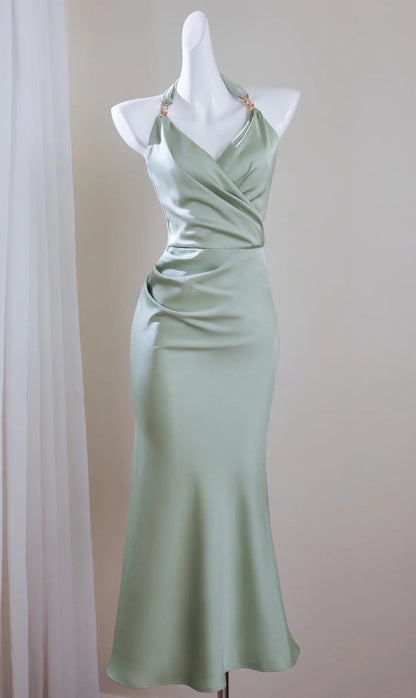 Evening Gown Sage Green Satin Halter Custom Mermaid Dress Floral044