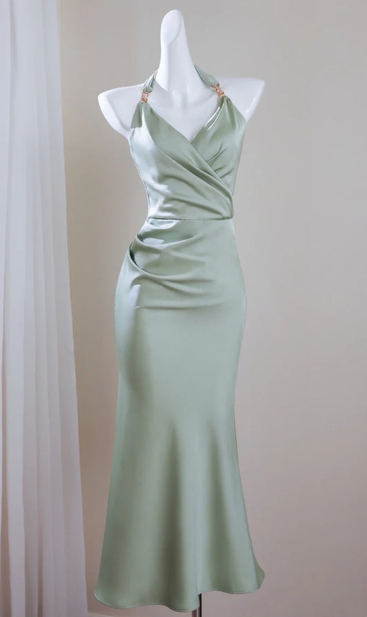 Evening Gown Sage Green Satin Halter Custom Mermaid Dress Floral044