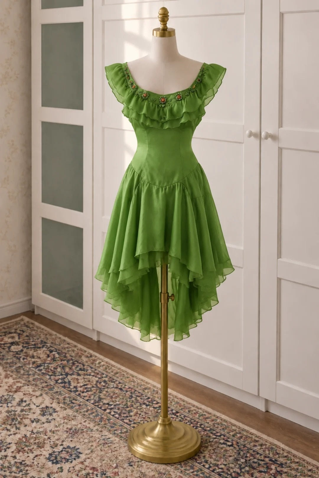 Green Ruffled Chiffon High‑Low Dress Beaded Homecoming Party Evening Gown F0110