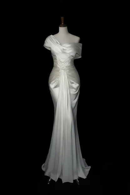 Evening Gown White Satin Off‑Shoulder Mermaid Dress With Draped Detail F0065
