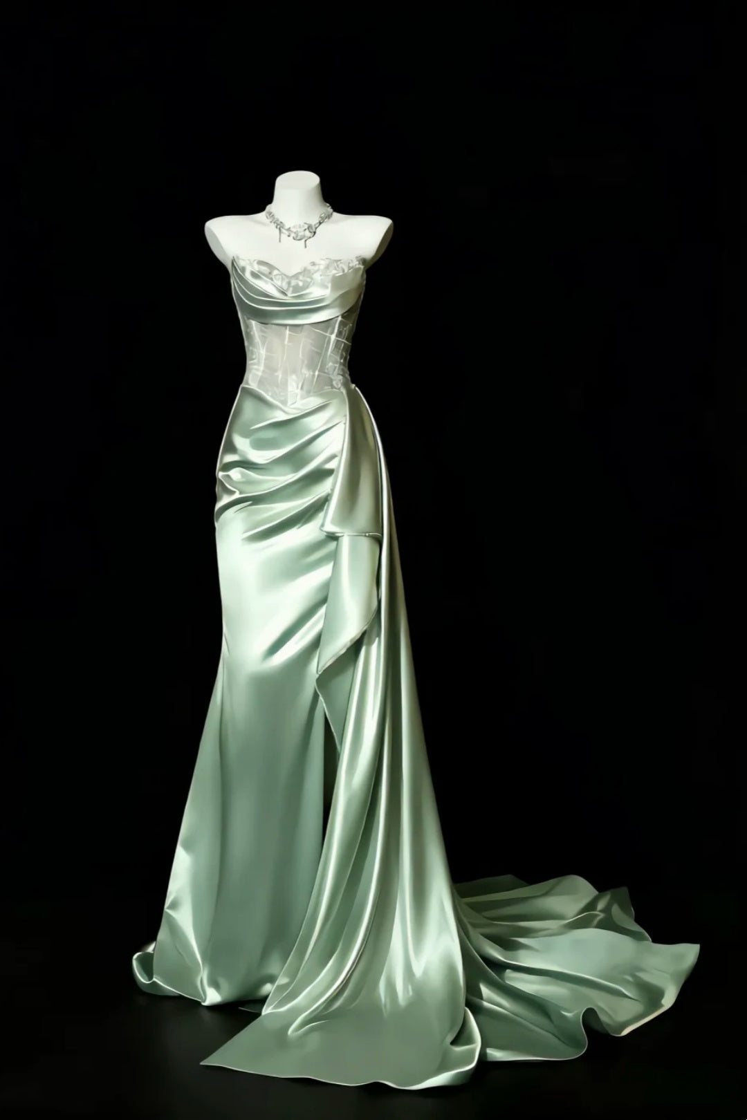 Strapless Satin Corset Mermaid Evening Dress Draped Long Train Gown F0101