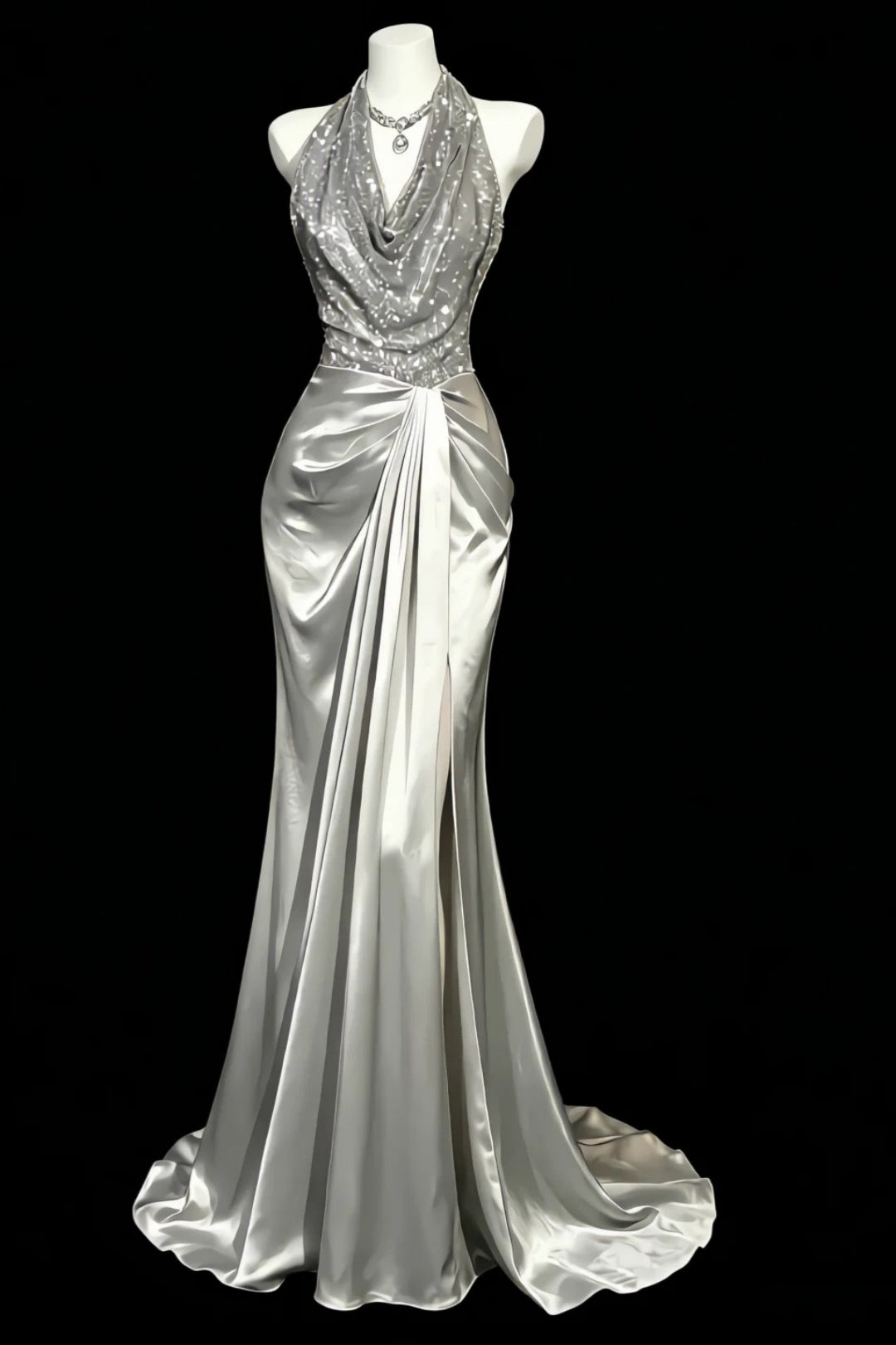 Halter Cowl Silver Satin Mermaid Gown Sequined Slit Formal Prom Party Dress F0087