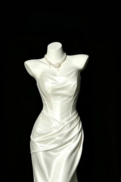 White Satin Strapless Mermaid Dress Draped Cowl Neck Formal Evening Gown F0146