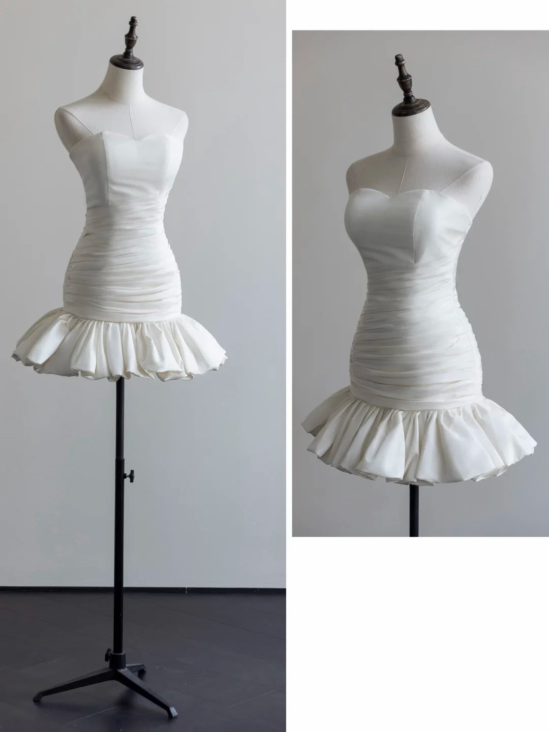 White Satin Strapless Mini Wedding Dress, Ruched Ruffle Hem Homecoming Dress F0057