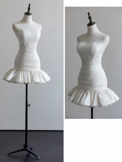 White Satin Strapless Mini Wedding Dress, Ruched Ruffle Hem Homecoming Dress F0057
