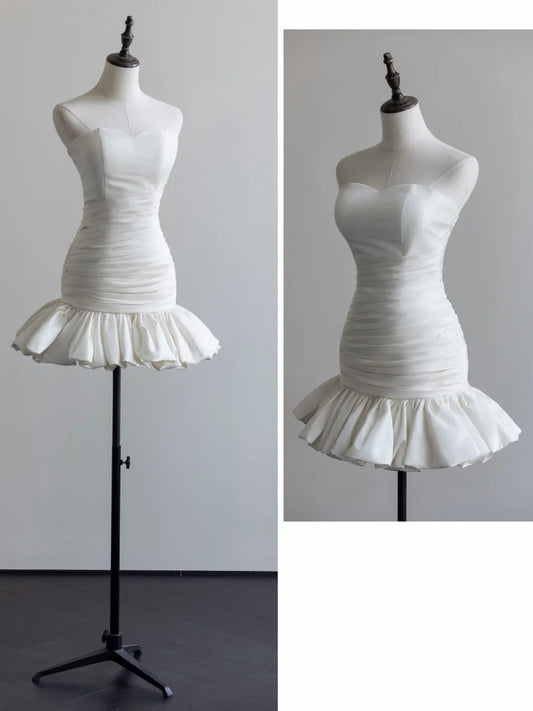 White Satin Strapless Mini Wedding Dress, Ruched Ruffle Hem Homecoming Dress F0057