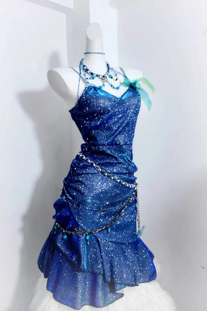 Sparkly Royal Blue Spaghetti Strap Midi Homecoming Dress F0279