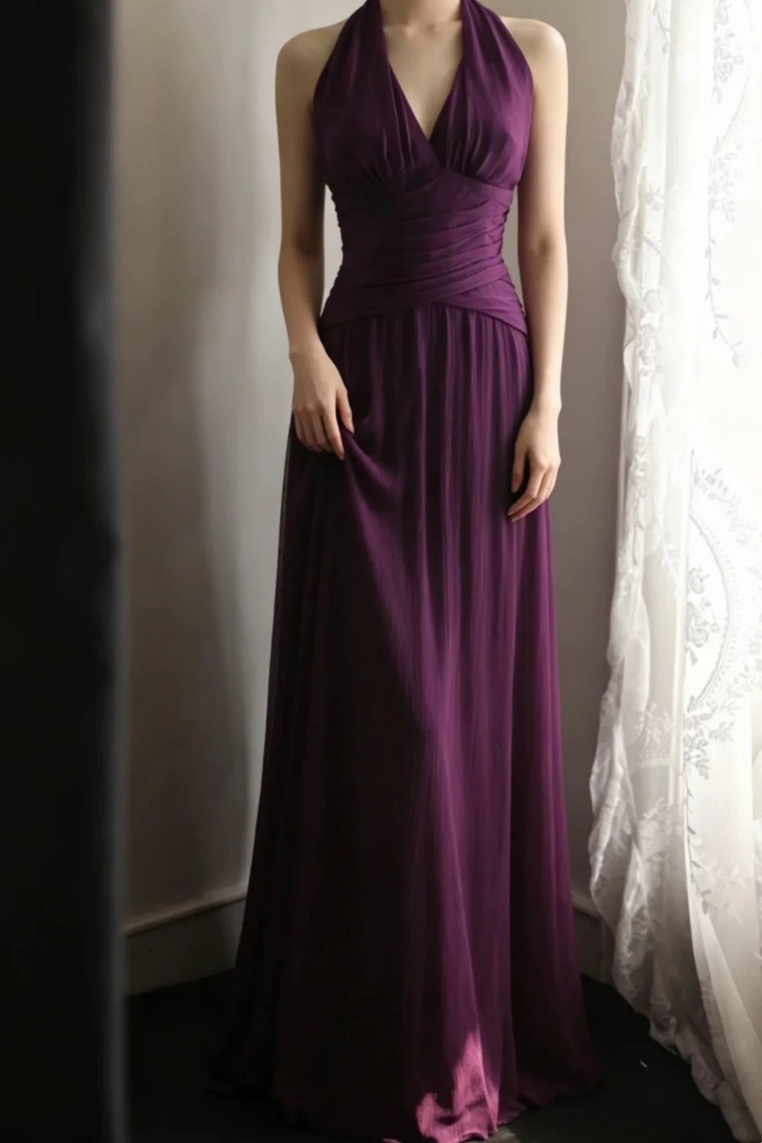**Evening Dress** Dark Purple Halter V‑Neck Chiffon Long Formal Party Gown F0068