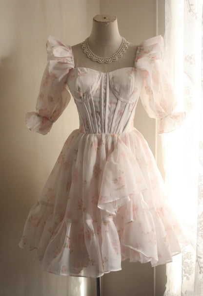 Pink Floral Short Homecoming Dress Puff Sleeve Corset Mini Gown F0199