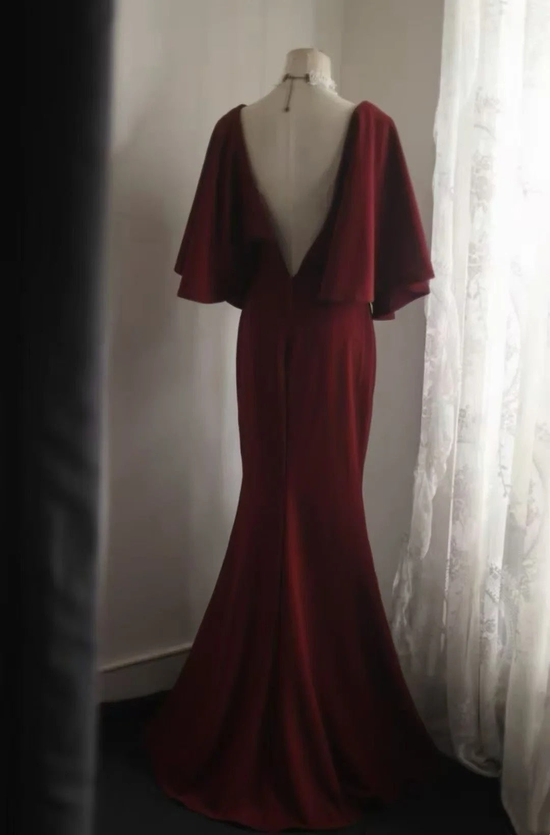 Red Satin Mermaid Evening Dress V-Back Flounce Sleeve Formal Gown F0173