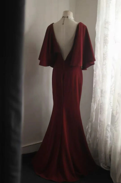 Red Satin Mermaid Evening Dress V-Back Flounce Sleeve Formal Gown F0173