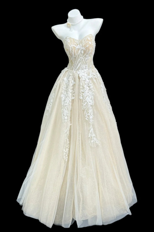 Evening Gown Champagne Lace Strapless Custom Graduation Coquette Dress Floral046