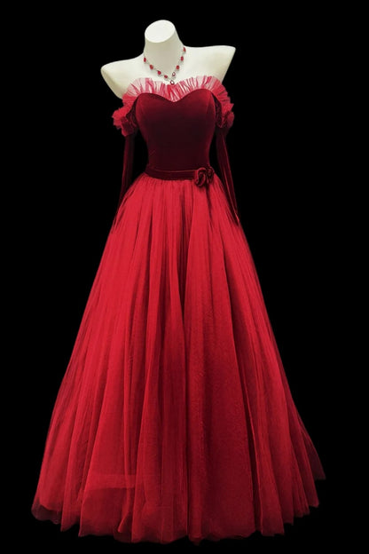 Evening Gown Burgundy Off Shoulder Custom Coquette Velvet Tulle Ball Gown Floral051