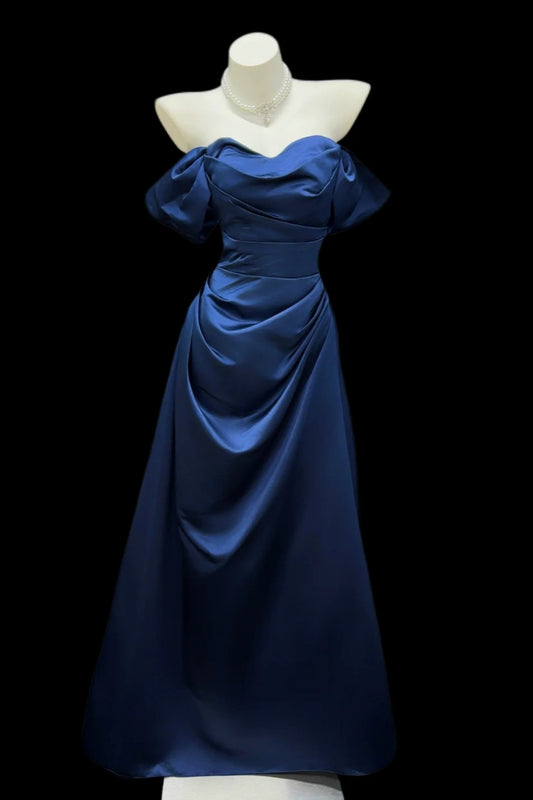 Formal Dress Navy Satin Off Shoulder Custom Business Attire Wedding Guest Long Gown Floral050