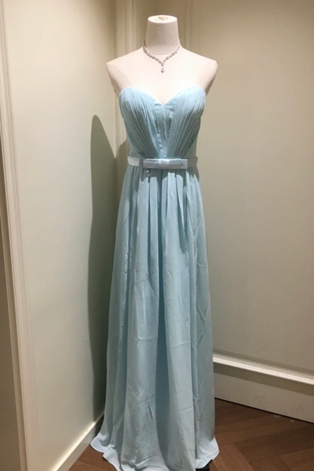 Strapless Sweetheart Chiffon Long Bridesmaid Dress Satin Bow Waist Formal Gown F0029