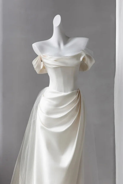 Ivory Off Shoulder Satin Wedding Dress Draped Mermaid Gown  F0247