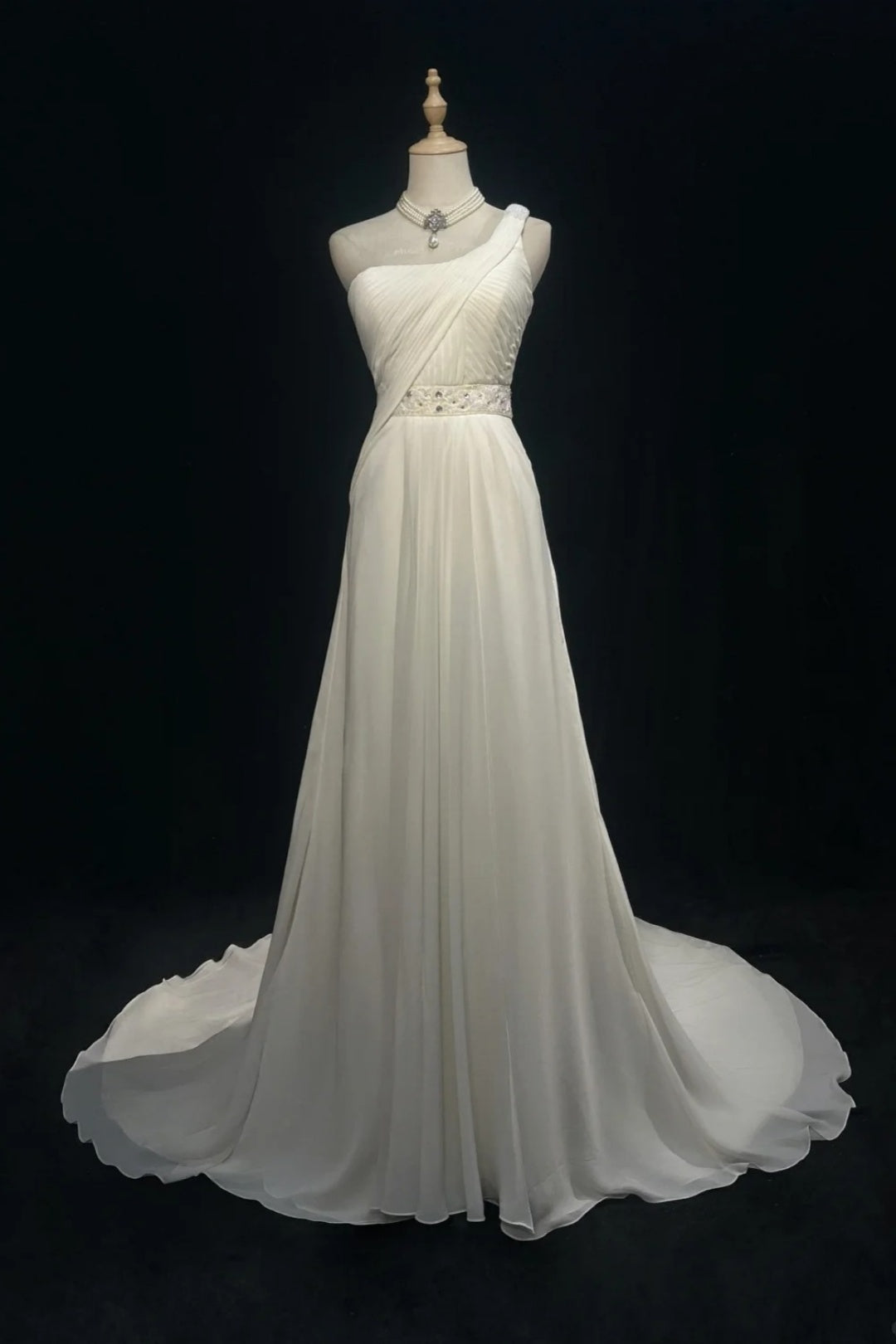 Long Formal Dress Flowy Chiffon Gown With Rhinestone Beaded Sash F0070