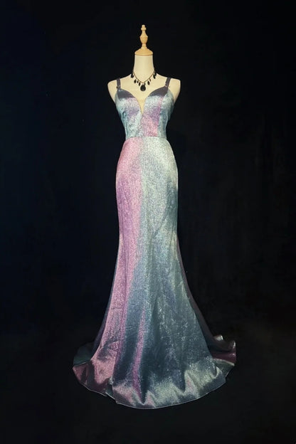 Galaxy Gradient Mermaid Evening Gown, Cutout Back Cami Dress F0075