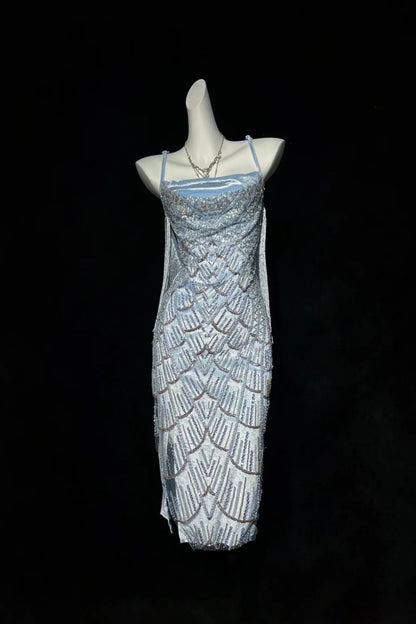 Beaded Fringe Midi Dress Spaghetti Strap Formal Gown F0202