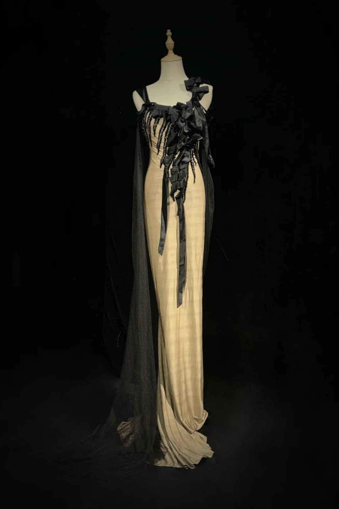 Champagne Mermaid Evening Dress Black Ribbon Beaded Cape Gown F0198