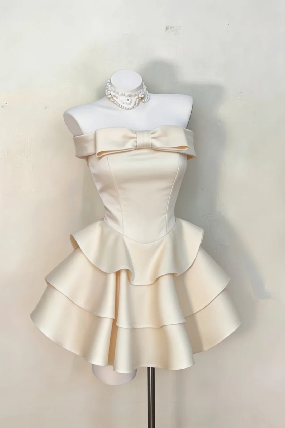 Cream Off Shoulder Mini Dress Big Bow Tiered Ruffle Satin Dress F0237