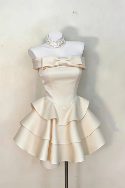 Cream Off Shoulder Mini Dress Big Bow Tiered Ruffle Satin Dress F0237