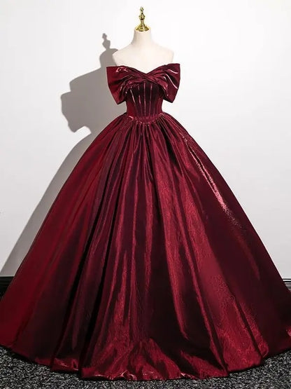 Quinceanera Dress Wine Red Satin Off‑Shoulder Ballgown Lace‑Up Back F0063