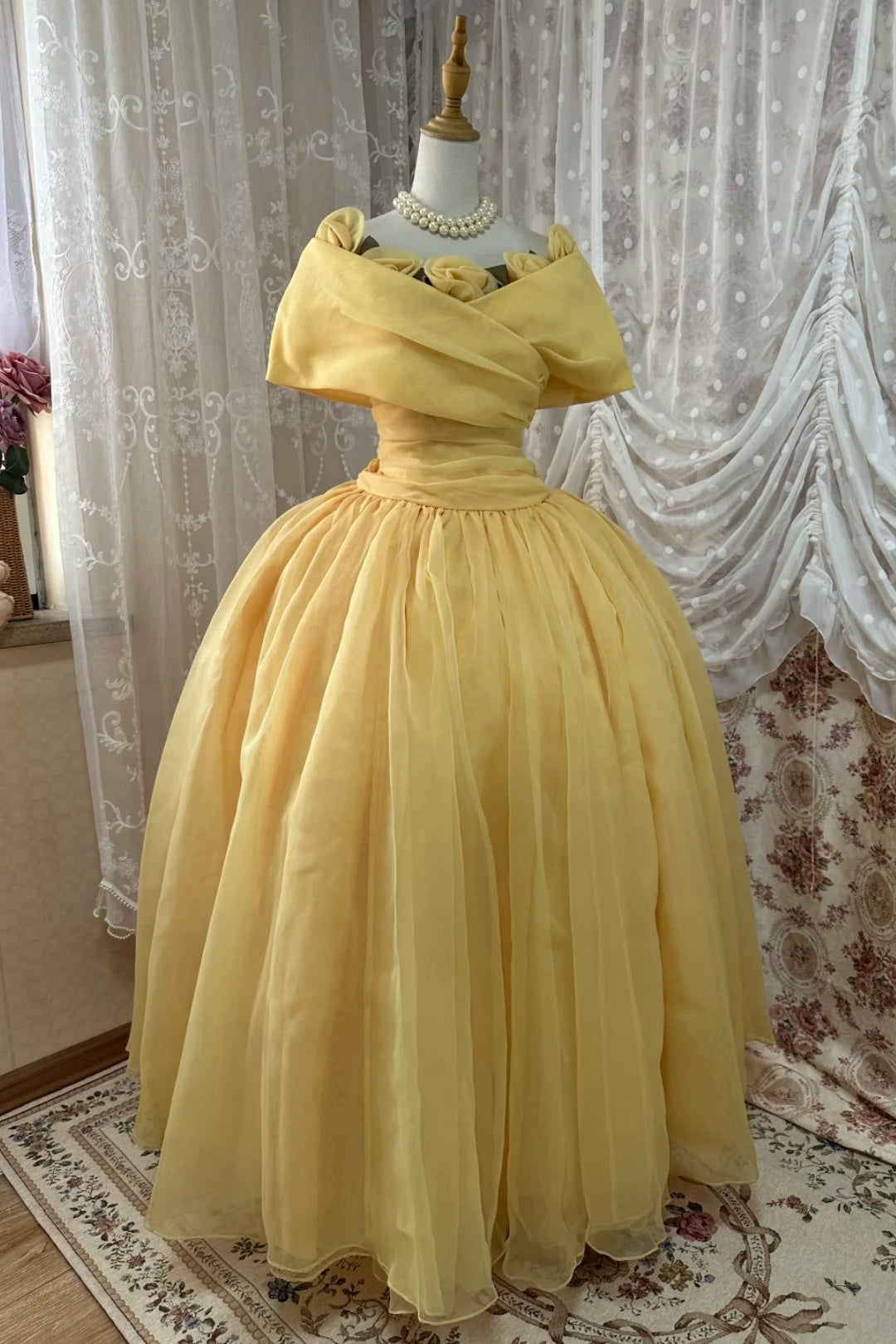 Butter Yellow Off Shoulder Organza Ball Gown Prom Dress  F0270