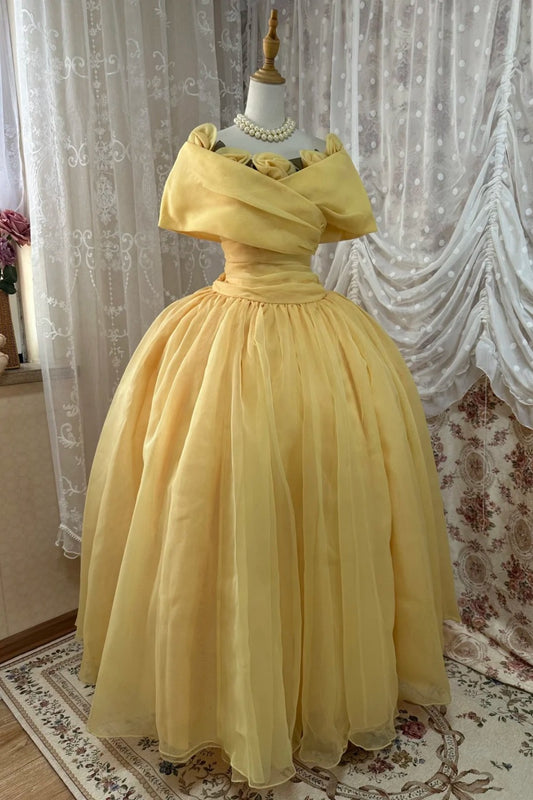 Butter Yellow Off Shoulder Organza Ball Gown Prom Dress  F0270