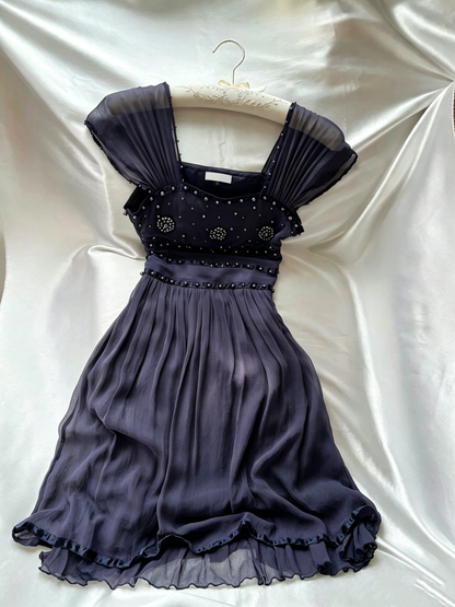 Dark Purple Square Neck Beaded Chiffon Short Cocktail Dress F0259