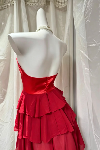 Red Strapless Sweetheart High Low Tiered Ruffle Formal Dress F0275