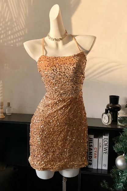 Sparkling sequined halter top birthday dress, sequined mini dress, backless sexy short party dress 007