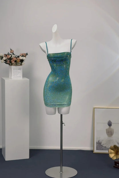 Cocktail Dress Green Rhinestone Spaghetti Strap Bodycon Mini Party Gown F0071