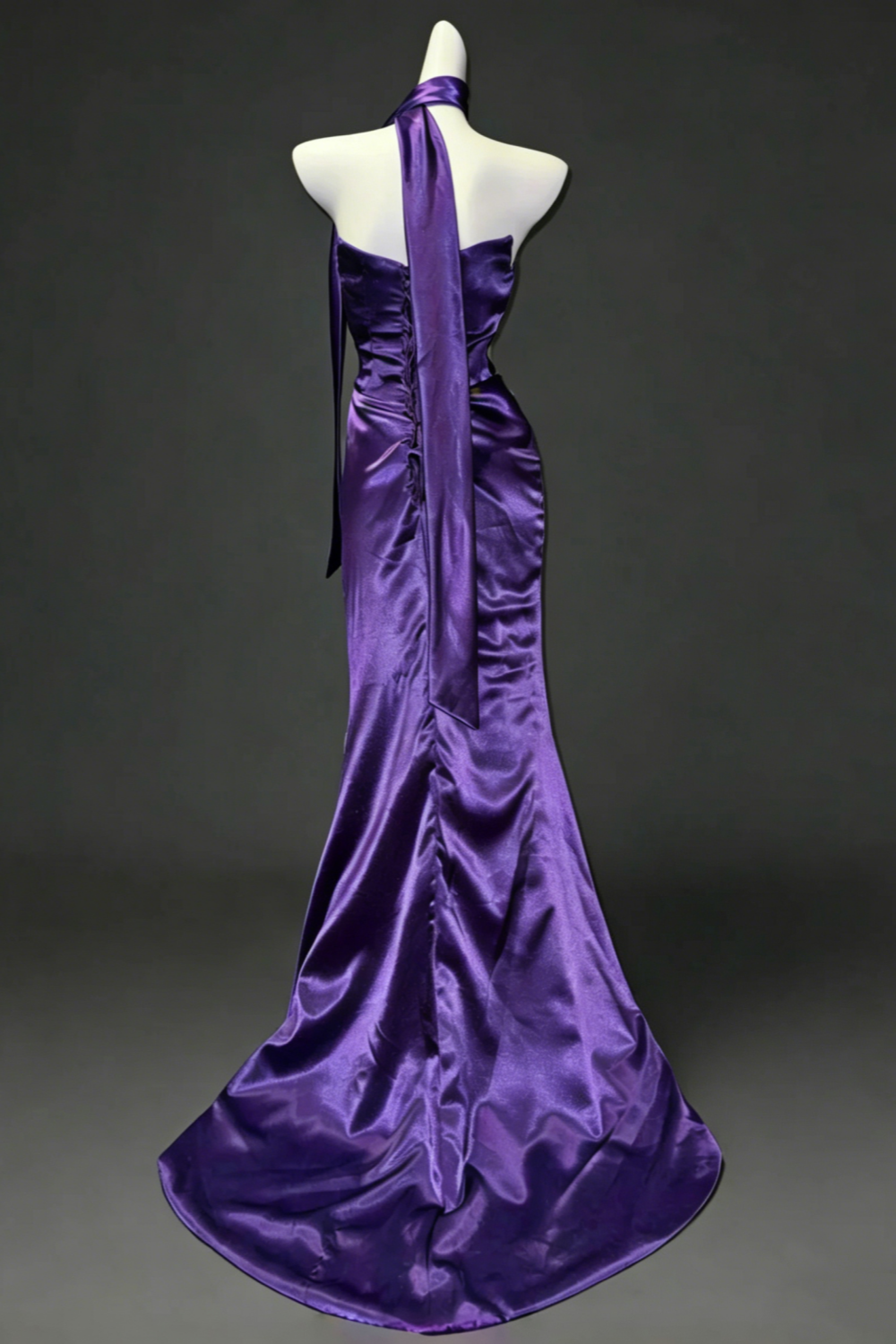Vintage Deep Purple Satin Mermaid Dress with Ruched Waist, Lace-Up Back Formal Gown  Floral029
