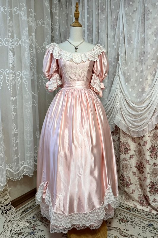 Pink Vintage Ballgown Off Shoulder Puff Sleeve Lace Formal Dress F0267