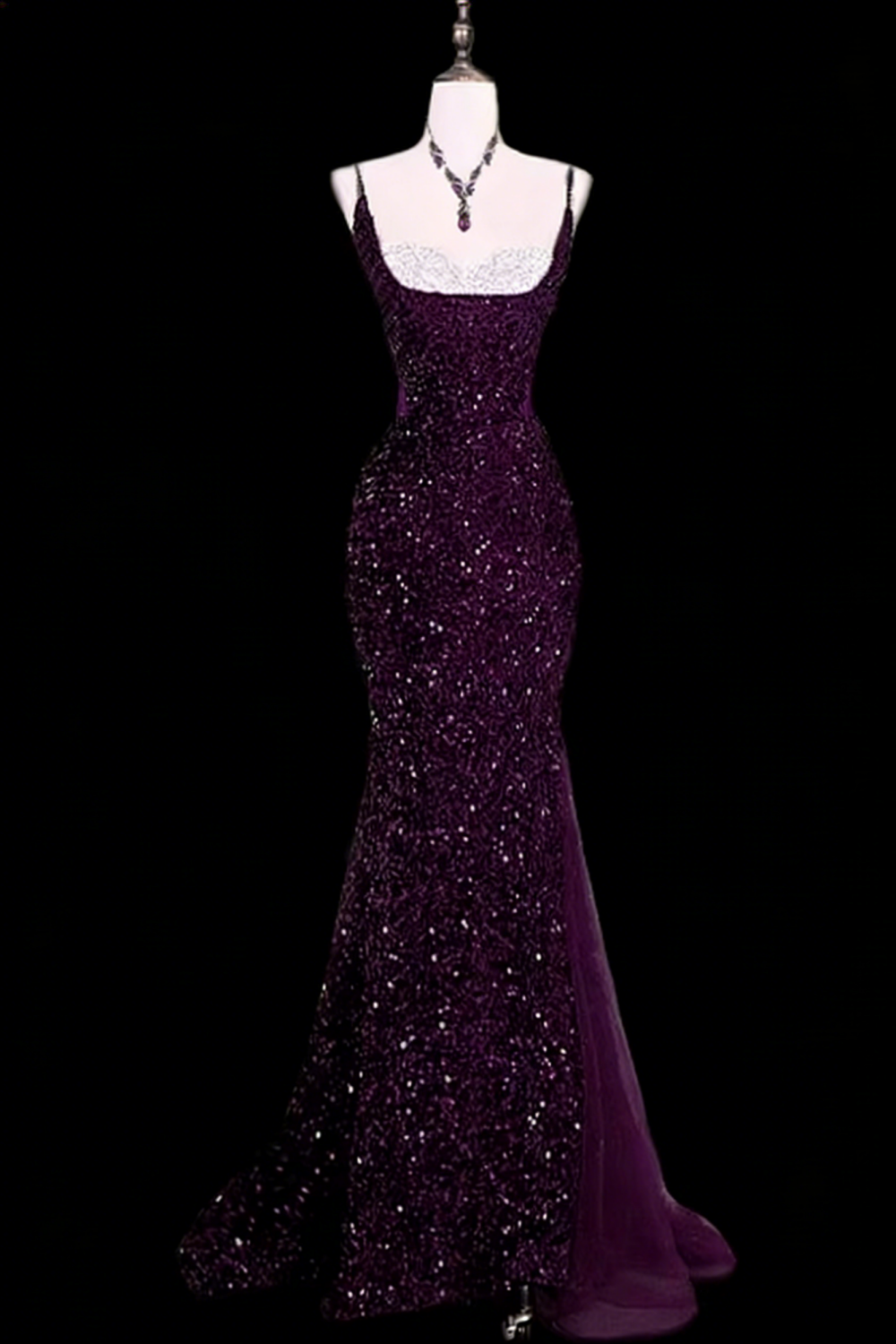 Dark Purple Sequin Spaghetti Strap Mermaid Prom Dress, Lace-up Bow Formal Evening Gown for Women Floral-06