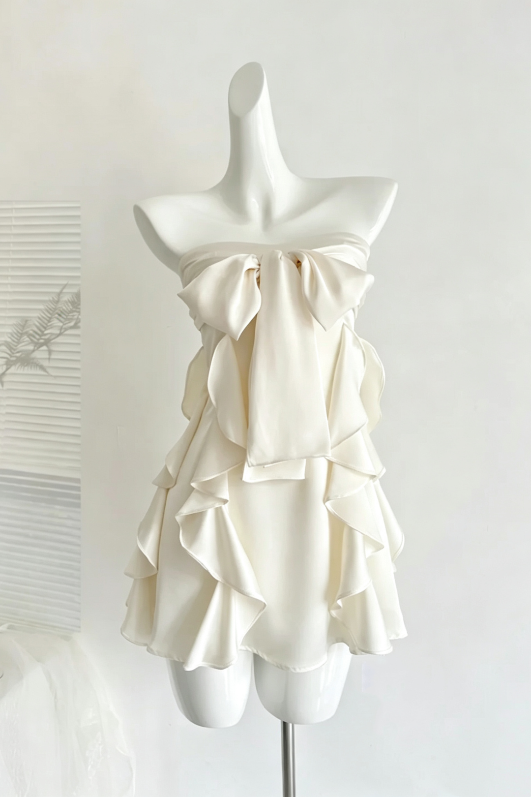 Cream Satin Strapless Mini Party Dress Big Bow Ruffle Cocktail Gown F0206