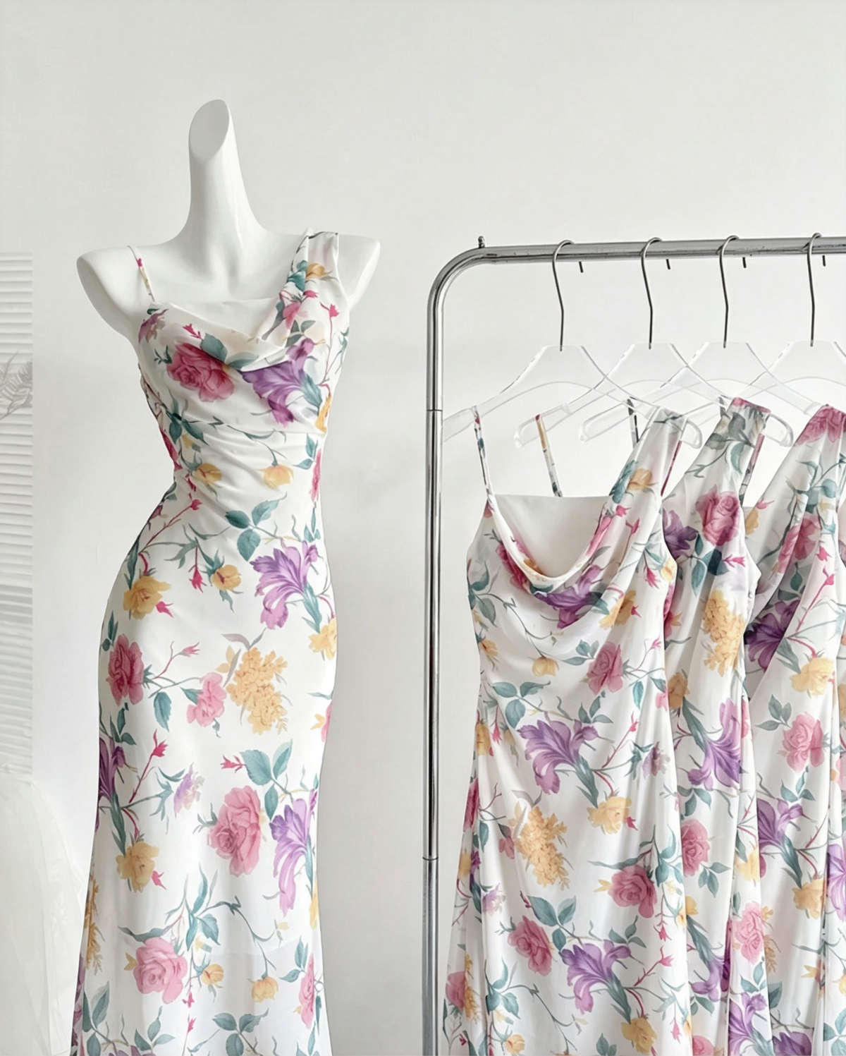 Watercolor Floral Cowl Neck Midi Dress One Spaghetti Strap Formal Gown F0210