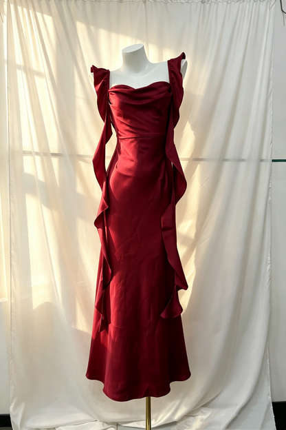 Burgundy Satin Mermaid Formal Gown, Draped Neck Ruffle Strap Maxi Dress F0076