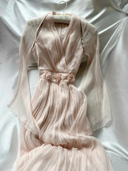 Blush Pink Chiffon Long Dress Flare Sleeve 3D Floral Waist F0265