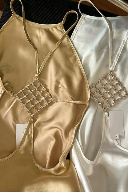 Women Luxury Satin Mermaid Evening Gown Rhinestone Grid Strap Open Back Floor Length Long Dress For Dinner Banquet Gala F064