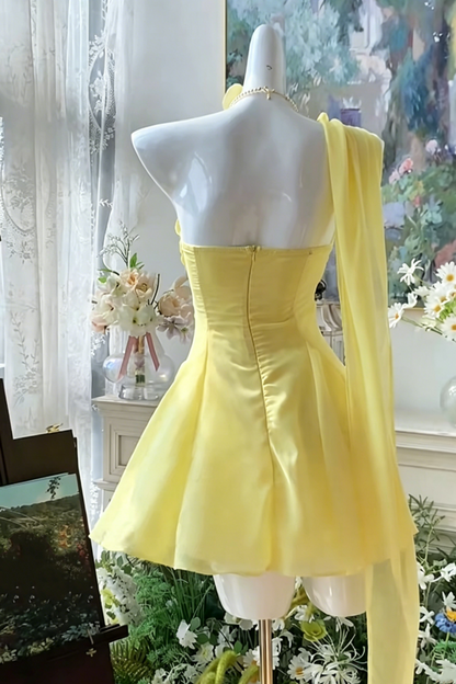 Prom Dress Yellow One-Shoulder Custom Graduation Party Mini Dress Floral047